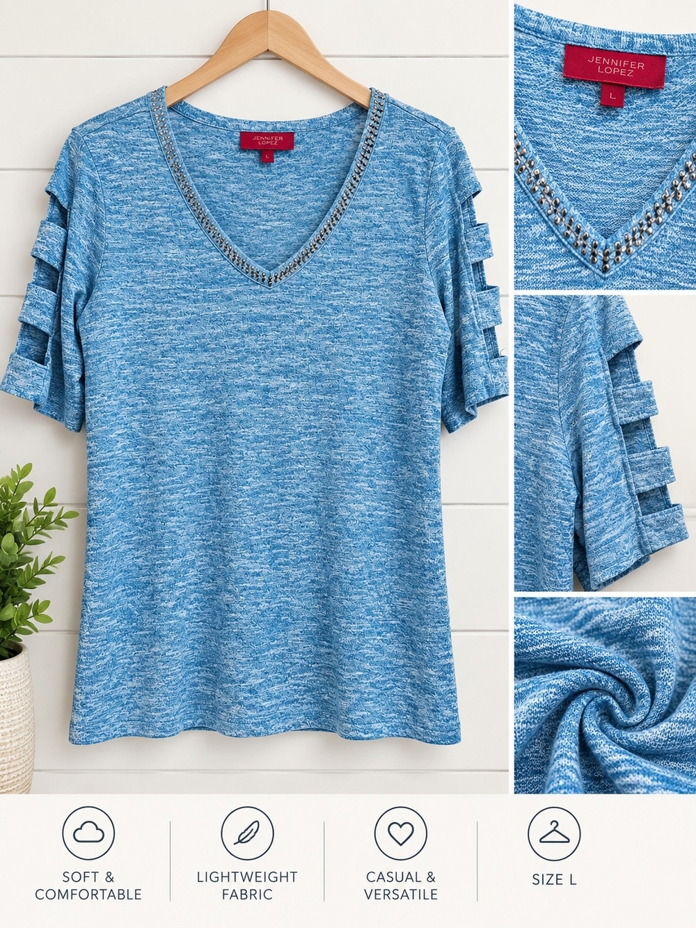 Jennifer Lopez Heathered Sky Blue V-Neck Short Sleeve Top with Ladder Sleeves